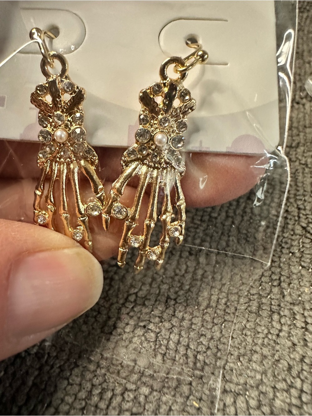Gold Crystal & Pearl Skeleton Hand Drop Earrings - Women's Fashion Jewelry